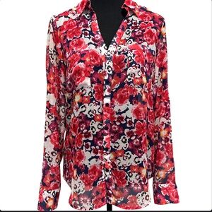 Express Floral Red and Pink Semi Sheer Women's Blouse Size Small